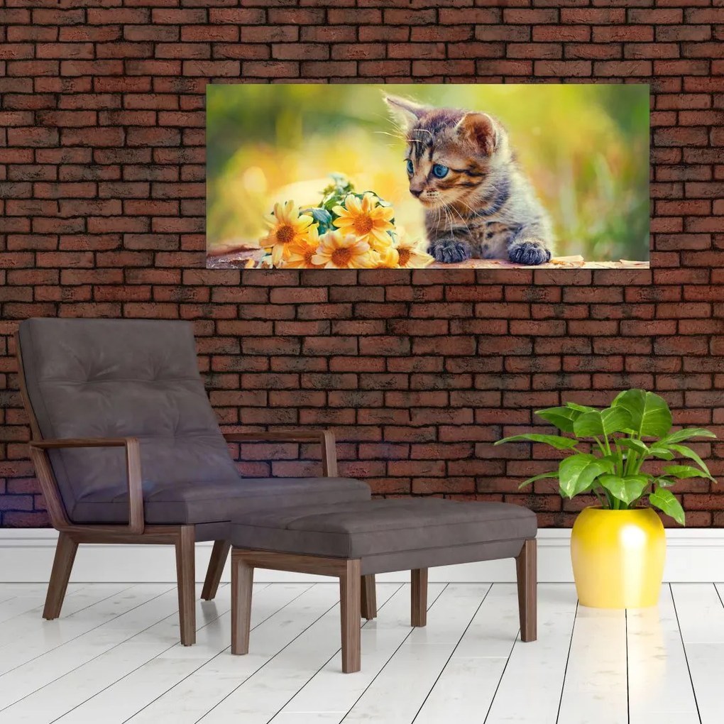 Macska képe ahogy a virágot nézi (120x50 cm)