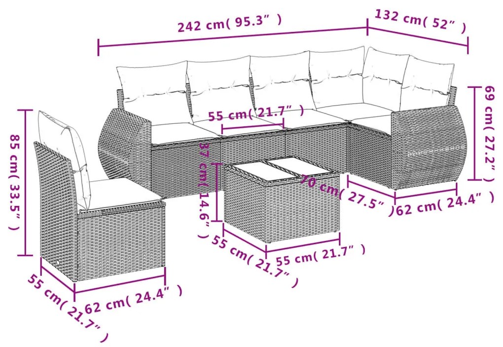 7 részes szürke polyrattan kerti ülőgarnitúra párnákkal