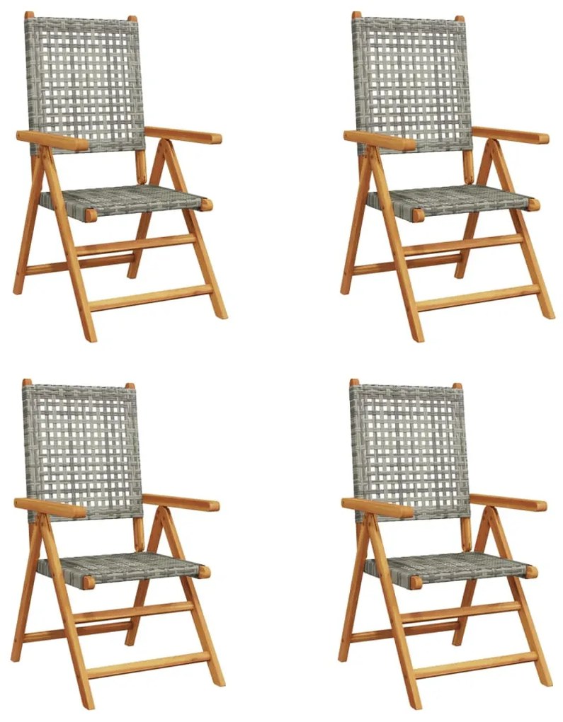 4 db szürke polyrattan és tömör fa dönthető kerti szék
