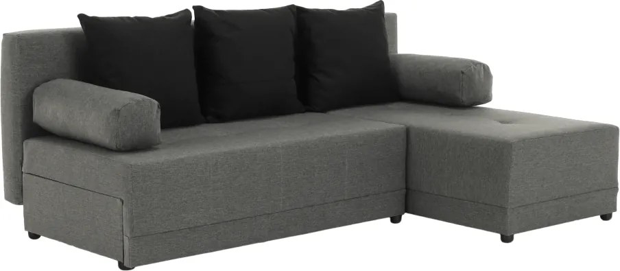 Sarokülőgarnitúra, J allású, ágyfunkcióval, szövet szürke/ párnák fekete, MEXX