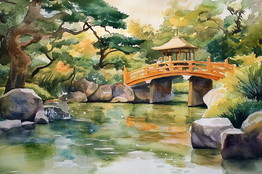 Vászonkép Canvas Tájkép Park Kert Japán Híd Ázsia Akvarell 120x80