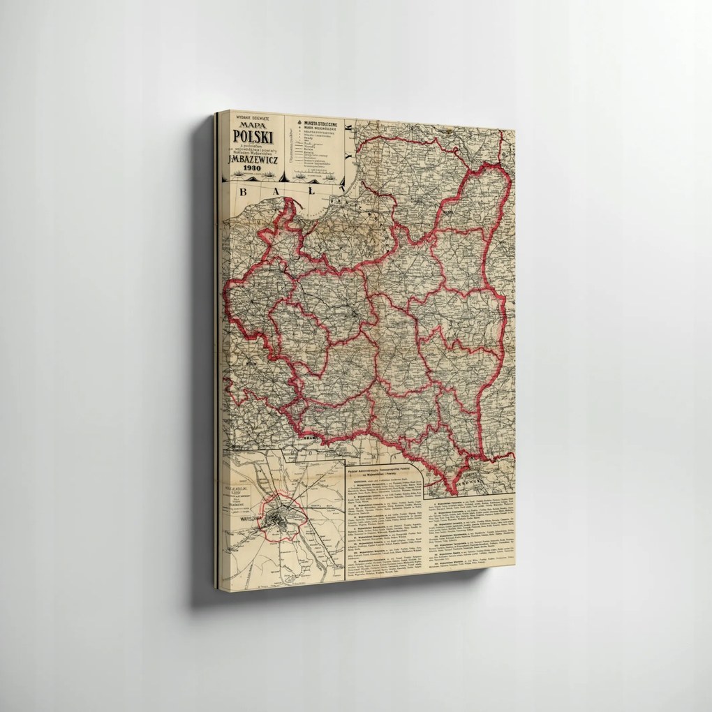 Régi Lengyel térkép Bazewicz 1930 Vászonkép 70x50cm