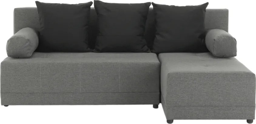 Sarokülőgarnitúra, J allású, ágyfunkcióval, szövet szürke/ párnák fekete, MEXX