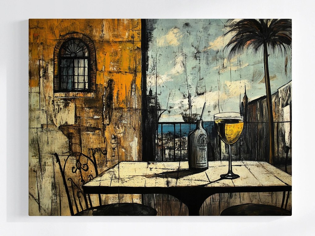 Vászonkép Canvas Kilátás Erkély Terasz Asztal Ital Pálmafa Tenger 80x60