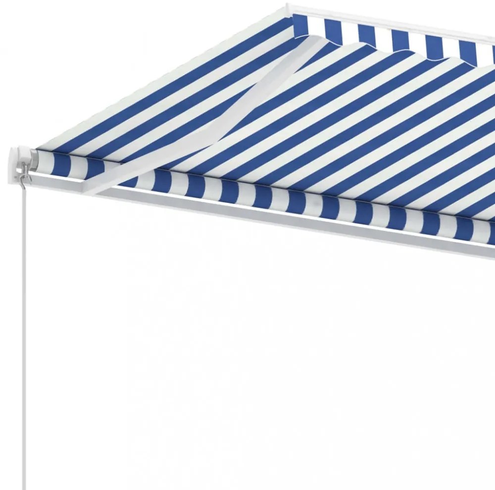 kék és fehér kézzel kihúzható póznás napellenző 600 x 350 cm