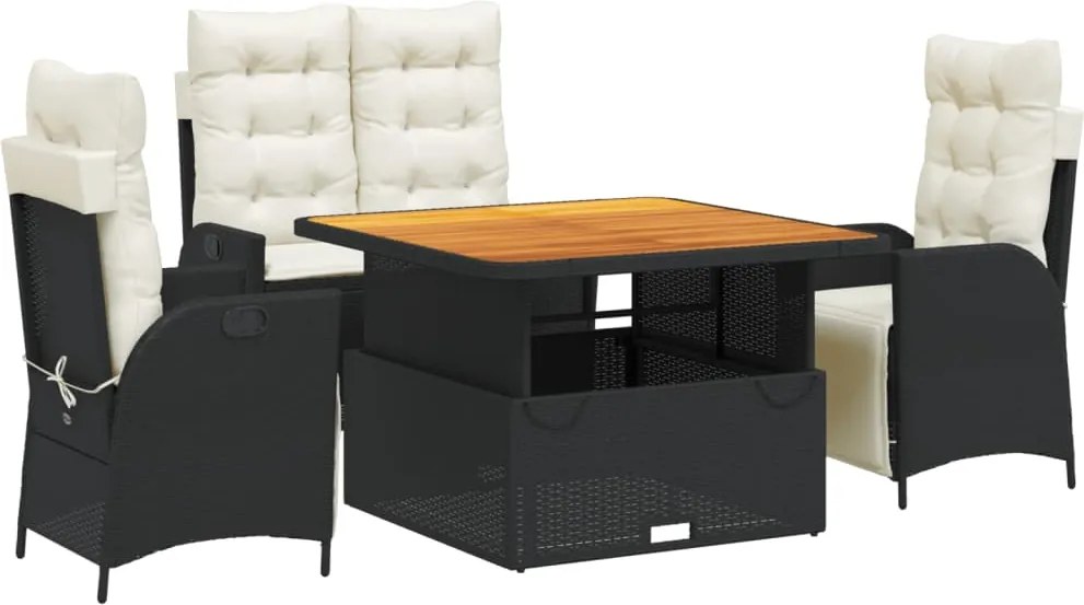 vidaXL 4 részes fekete polyrattan kerti étkezőszett párnákkal