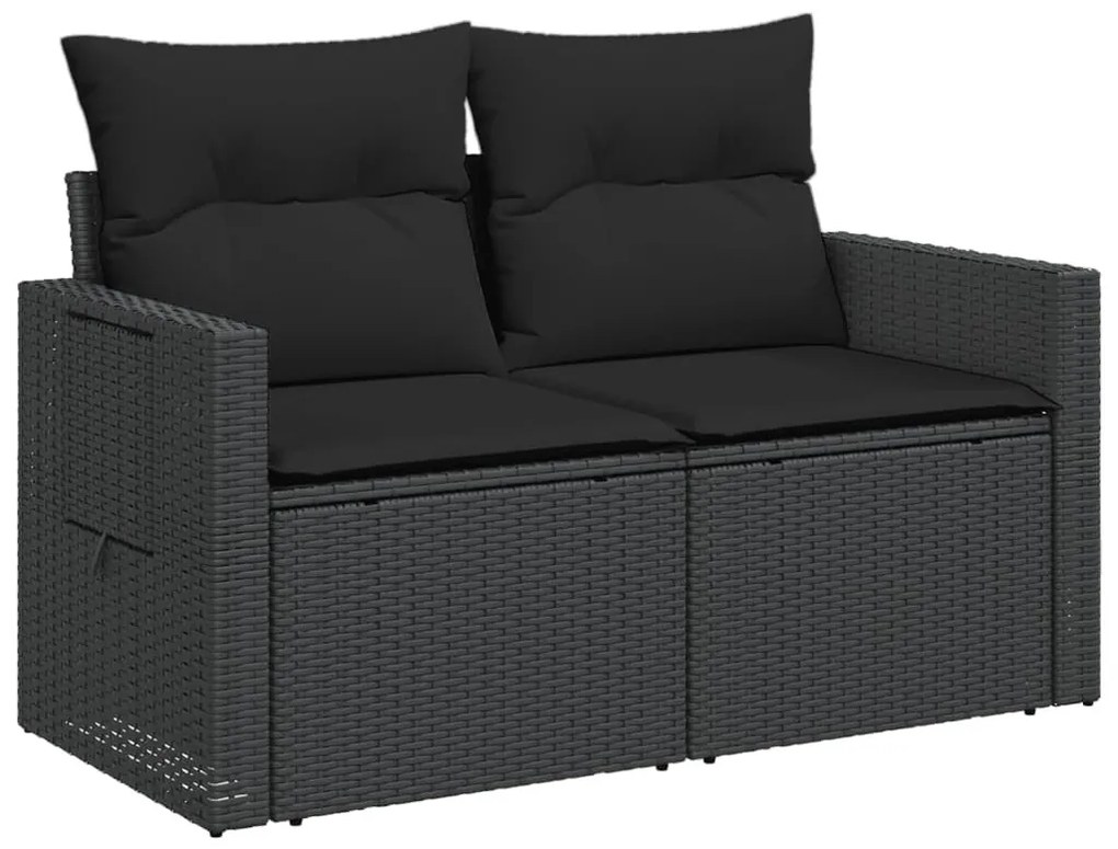 2 személyes fekete polyrattan kerti kanapé párnával
