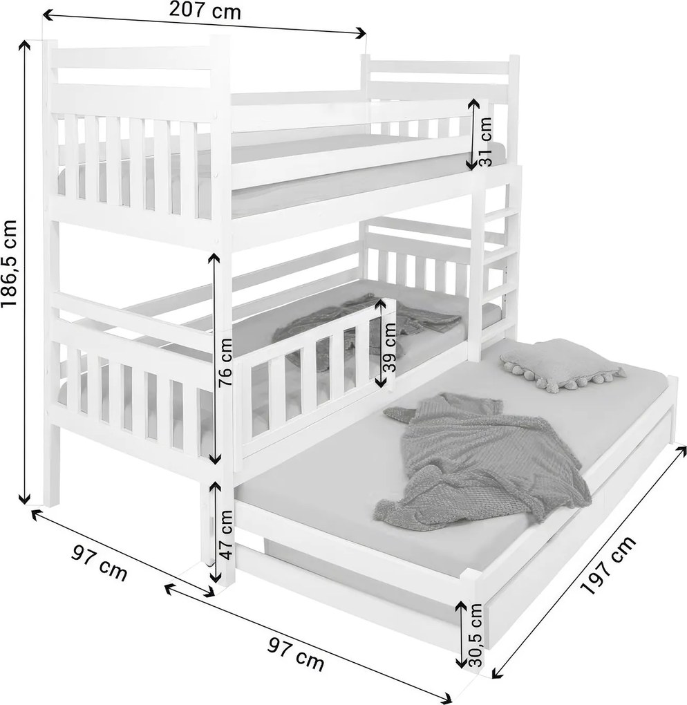 Wilsondo PETRA 5 emeletes ágy pótággyal - natúr borovi Méret: 180x80
