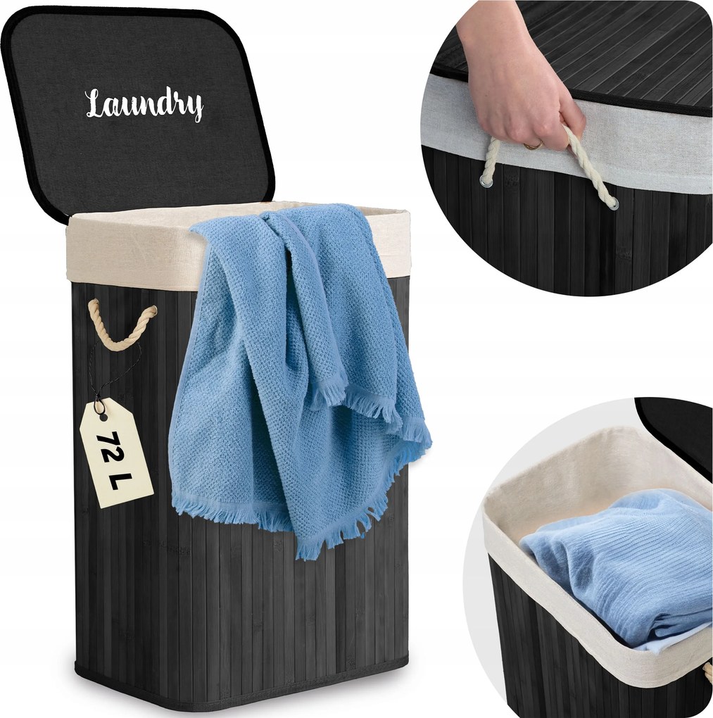 Massido 678001 Bambusz szennyestartó kosár fedéllel 72 l, sötétszürke