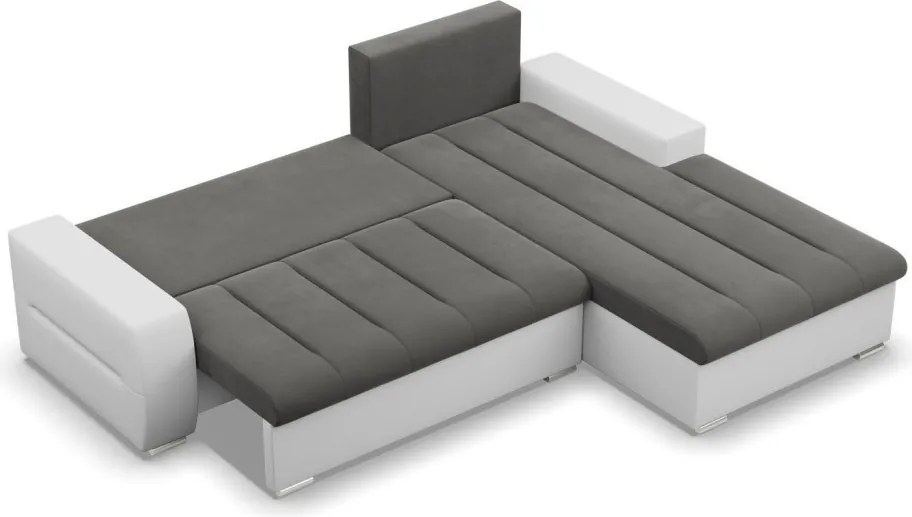 Toronto sarokkanapé, 2 ágyneműtartóval, bársony + műbőr, jobboldali, szürke - fehér