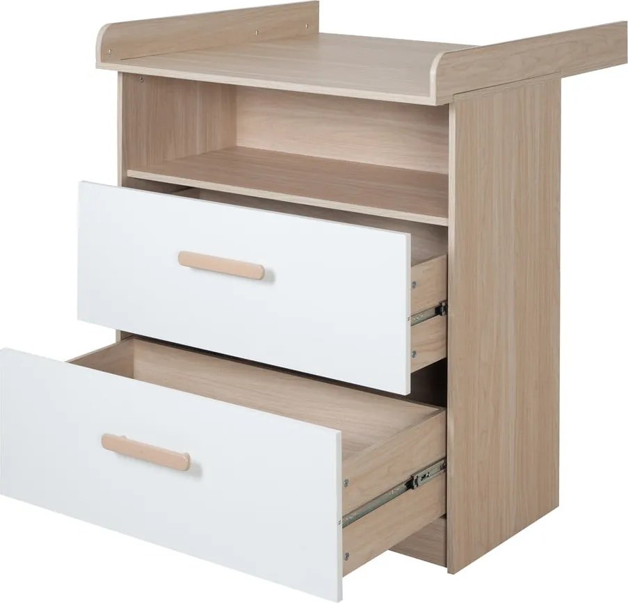 Fehér-natúr színű gyerek komód pelenkázó feltéttel, tölgyfa dekorral 88x98x75 cm Cabane – Roba