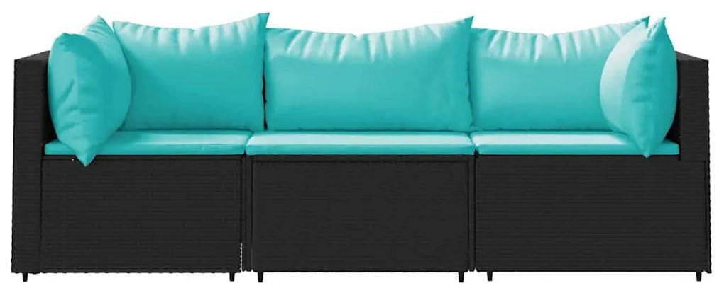 3 részes fekete polyrattan kerti ülőgarnitúra párnákkal