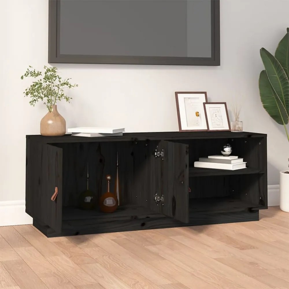 fekete tömör fenyőfa TV-szekrény 105 x 34 x 40 cm