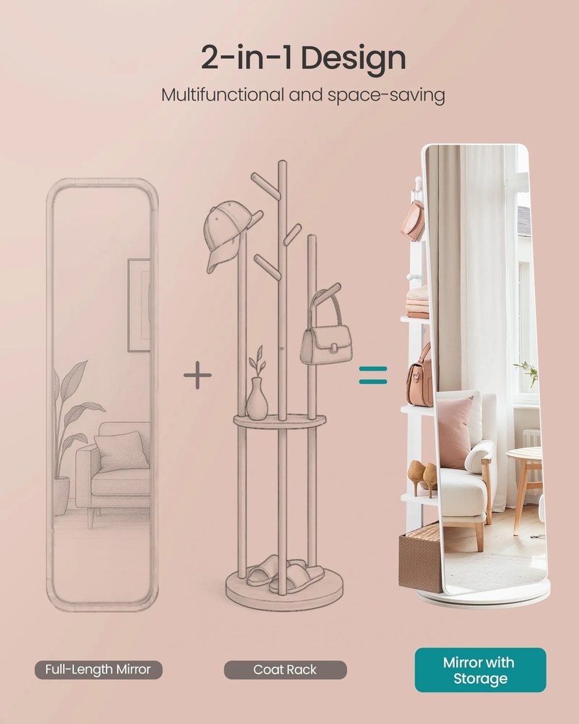 SONGMICS álló tükör, 360°-ban forgatható, 163 x 45 cm, felhőfehér