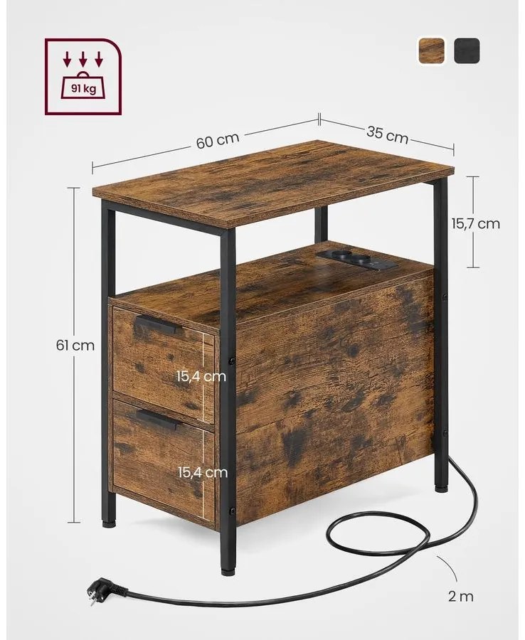 VASAGLE Oldalasztal, éjjeliszekrény beépített elosztóval barna és fekete színben