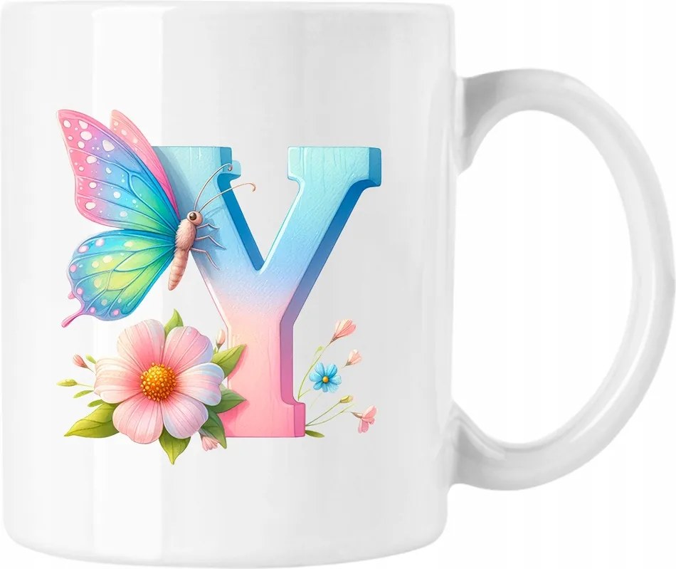 Pillangós bögre Y betűvel, fehér, 330 ml