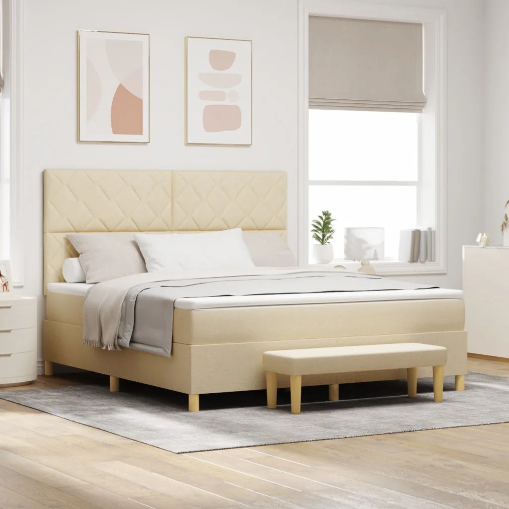 Box Spring Ágy matraccal és padlábbal, krém szövet