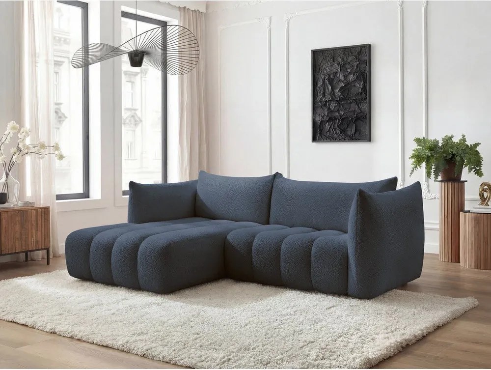 Sötétkék buklé sarokkanapé (bal oldali-heverő résszel) Azra – Bobochic Paris