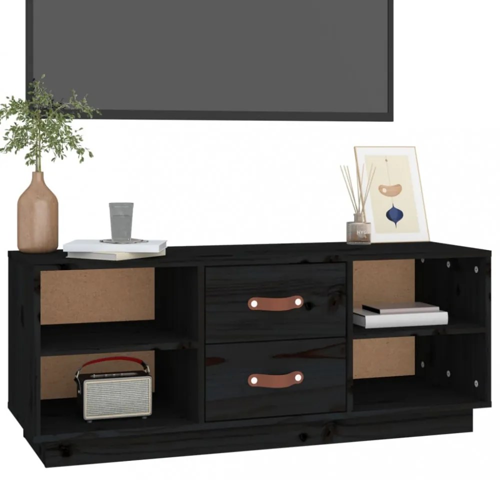 fekete tömör fenyőfa TV-szekrény 100x34x40 cm