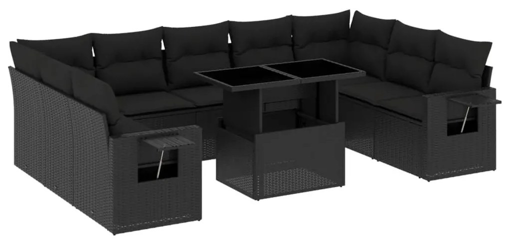 10 részes fekete polyrattan kerti ülőgarnitúra párnákkal