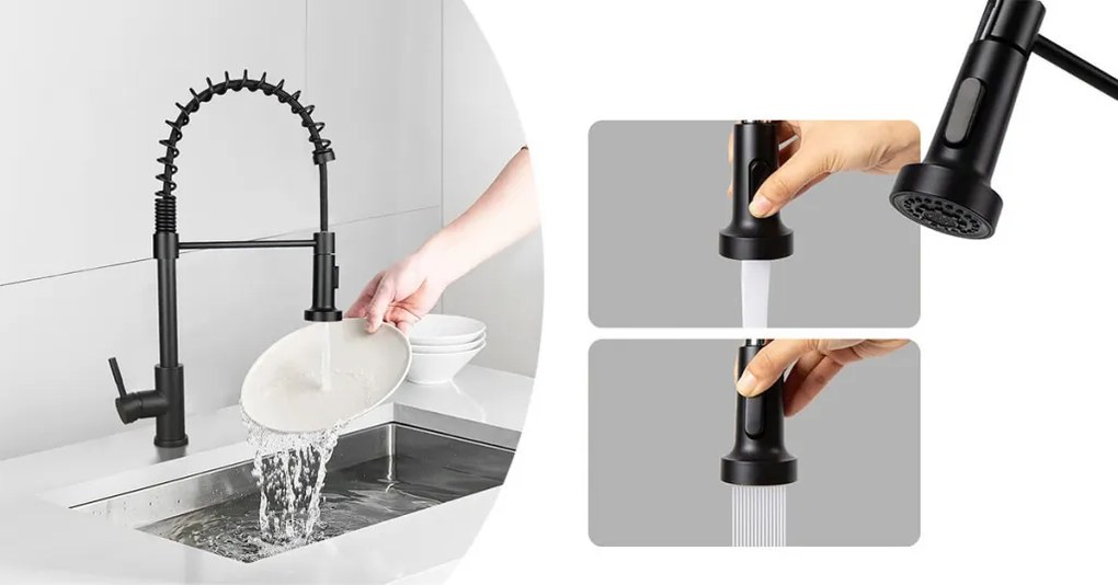 Mosogató csaptelep flexibilis csővel, levehető zuhanyfejjel, fekete