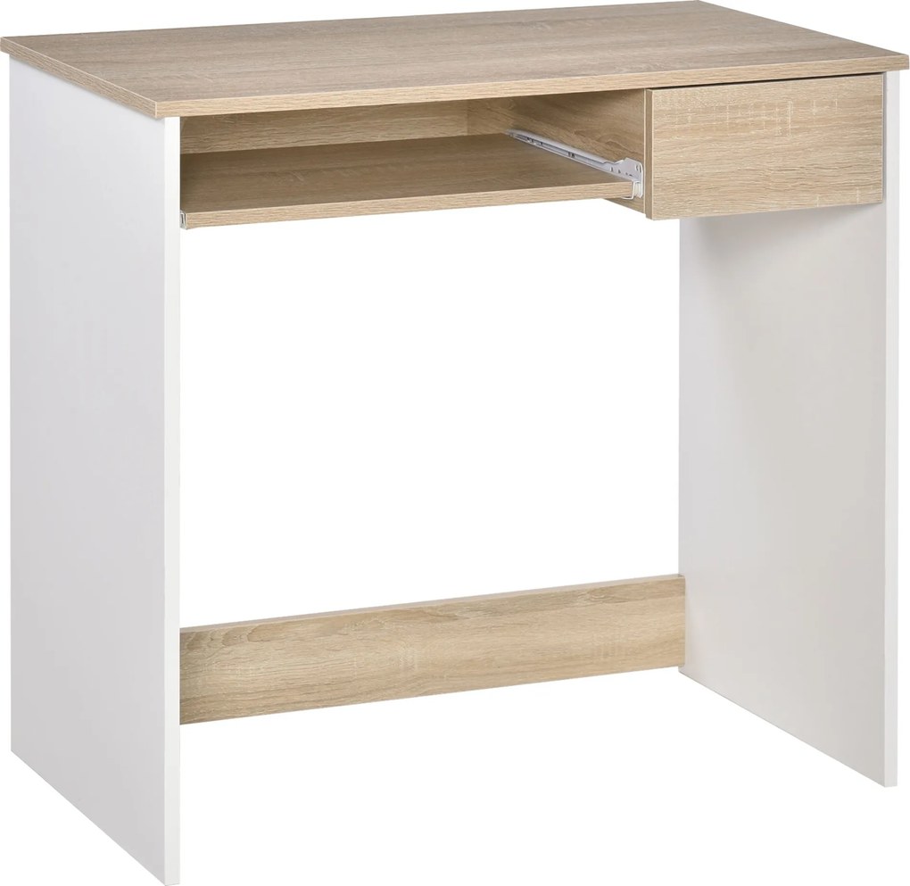 HOMCOM Íróasztal a Hálószobába, Fa PC Íróasztal, Számítógépes Asztal Billentyűzet Polccal, Tölgy és Fehér | Aosom