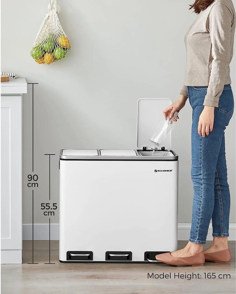 Konyhai pedálos szemetesdoboz, szelektív hulladékgyűjtő, 3 x 18 l, fehér