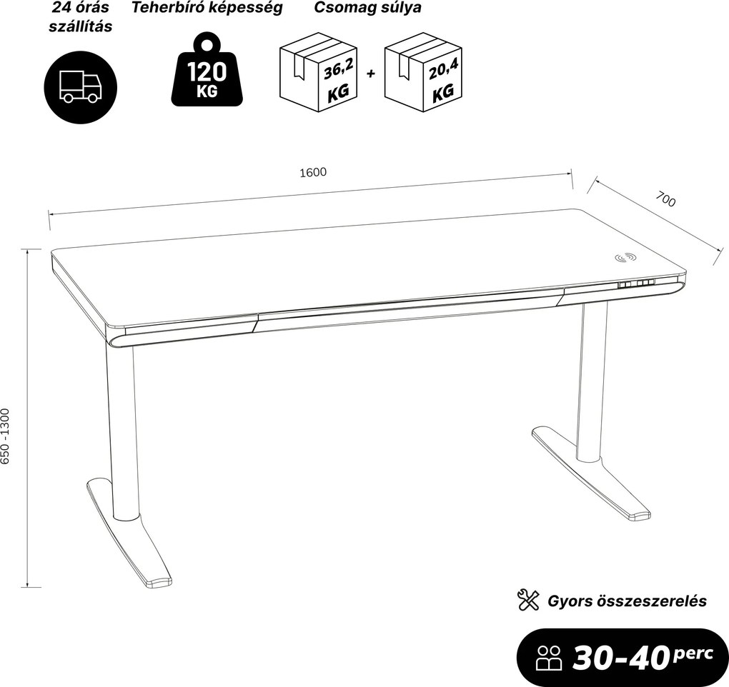 Elektromos ülő-álló íróasztal fiókkal és Qi vezeték nélküli töltővel fehér, 1600 mm: ELLIS