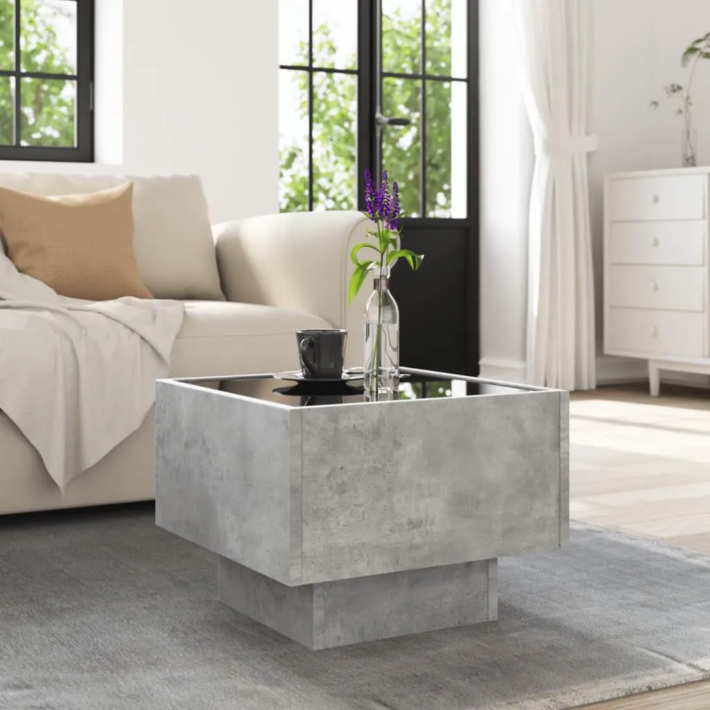 Betonszürke szerelt fa kisasztal LED-del 40 x 40 x 30 cm