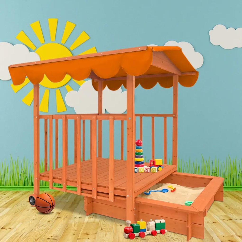 HAPPY verandás homokozó, 130x130x143cm, barna/narancs Jurhan