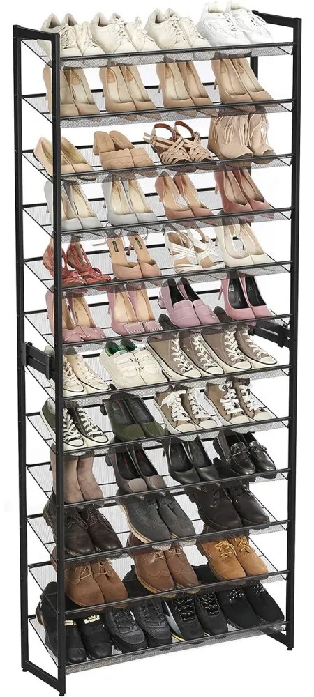 Cipőtartó polc 2x6 szintes fém háló polcokkal, fekete 92x30x220cm