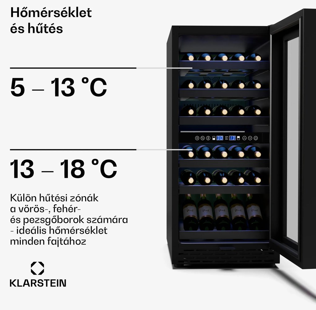 Klarstein Vinovilla 30 Duo borhűtő, 2 hűtőzóna, 30 palack, fa polcok, 5-18 °C