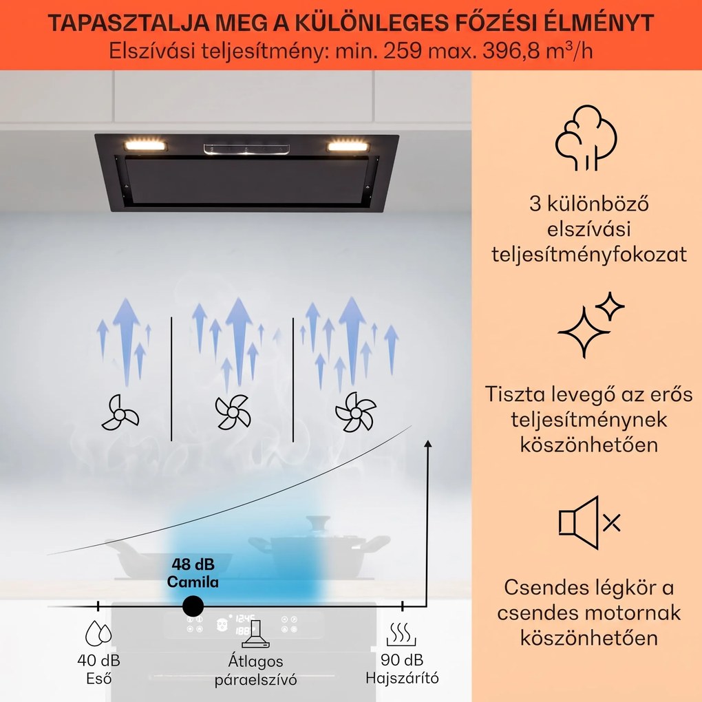 Klarstein Camila beépíthető 60 cm-es, 369 m³/ó LED Touch rozsdamentes acél páraelszívó