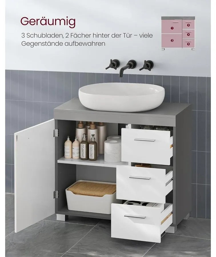 Mosdó alatti szekrény, fürdőszobai szekrény 30 × 70 × 64 cm，fehér–szürke