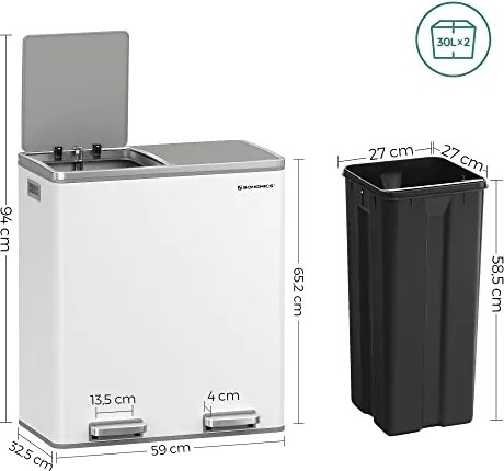 SONGMICS dupla szemetes, fém szelektív hulladékgyűjtő 15 szemeteszsákkal, 2 × 30 L, fehér–szürke