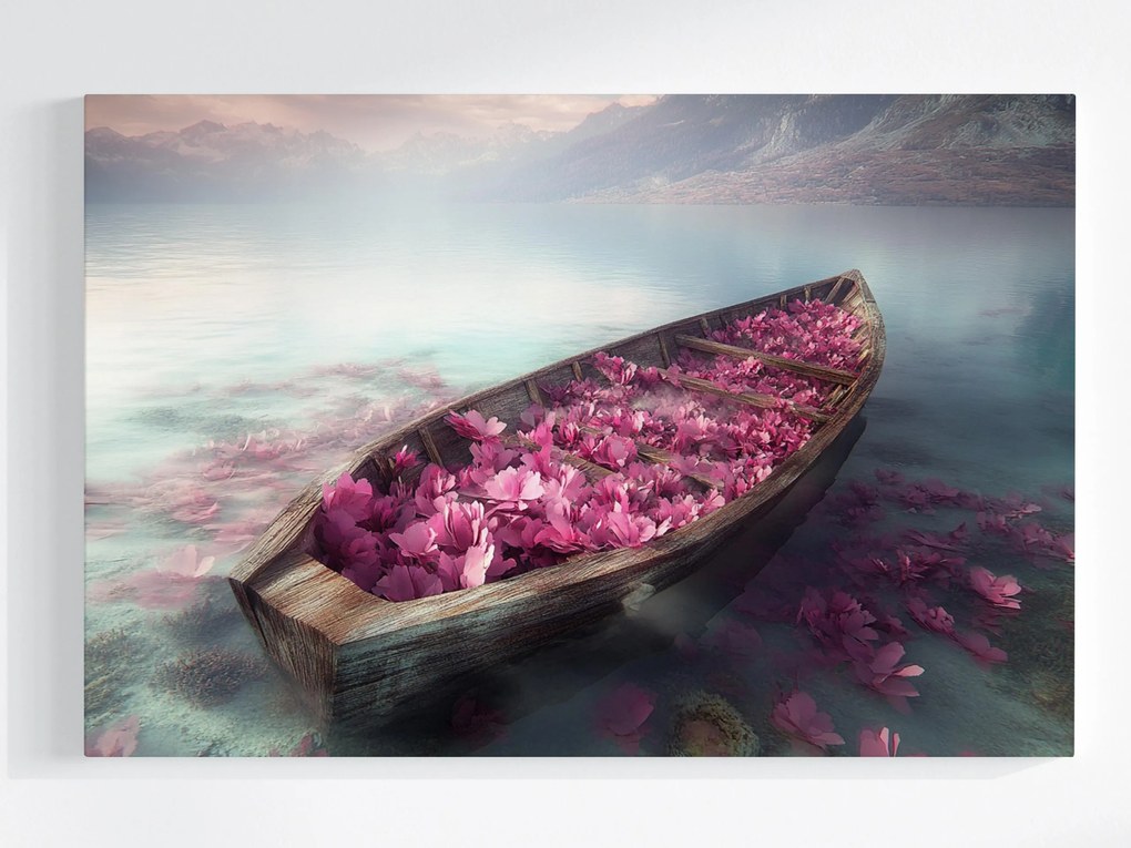 Vászonkép Canvas Hegyek Tó Csónak Virágok Álom Fantázia 120x80