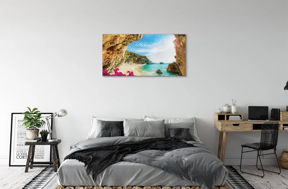Canvas képek Görögország parti sziklák virágok 125x50 cm