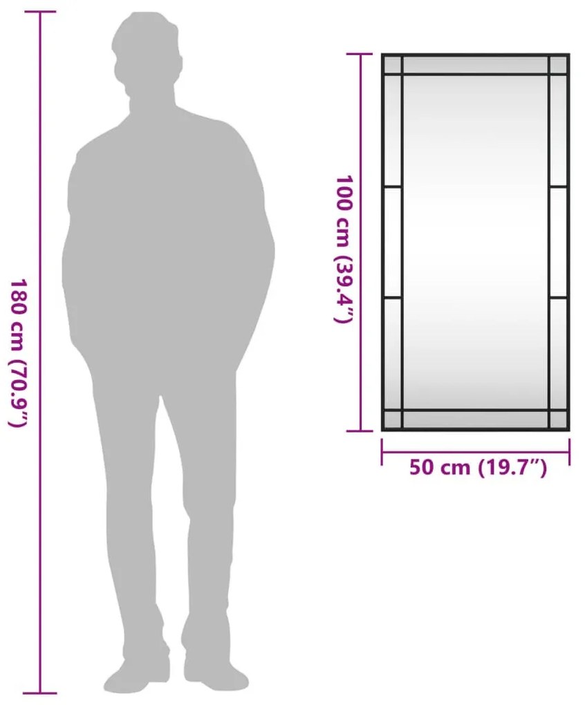 fekete téglalap alakú vas fali tükör 50 x 100 cm