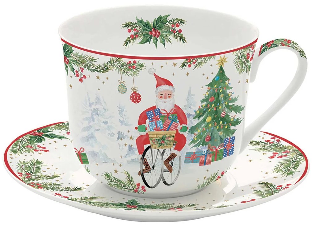 Joyful Santa karácsonyi Porcelán nagy teás csésze aljjal 400 ml