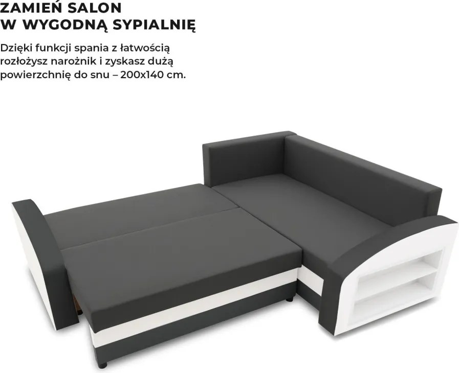 Grande sarokkanapé polcokkal , polc a jobb karfaban, jobboldali, szövet anyag, hab töltet, szürke - fehér