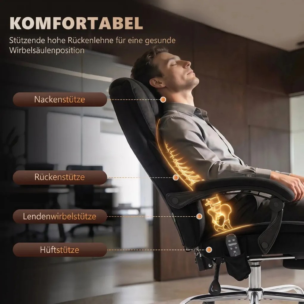 Ergonomikus irodai szék masszázsfunkcióval, lábtartóval, forgóval, görgőkkel, fekete
