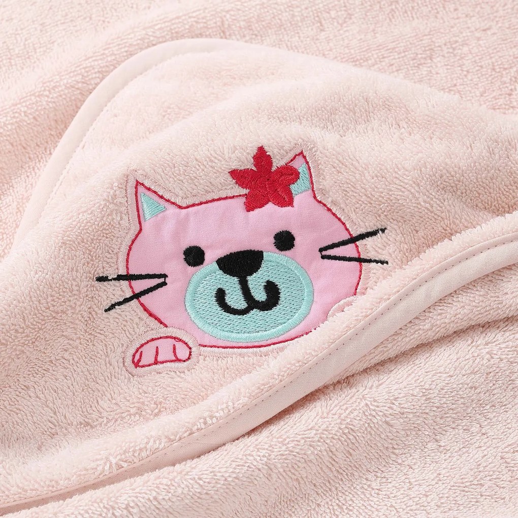 Goldea gyermek frottír fördőlepedő csuklyás - cicuka világos rózsaszínen 100 x 100 cm