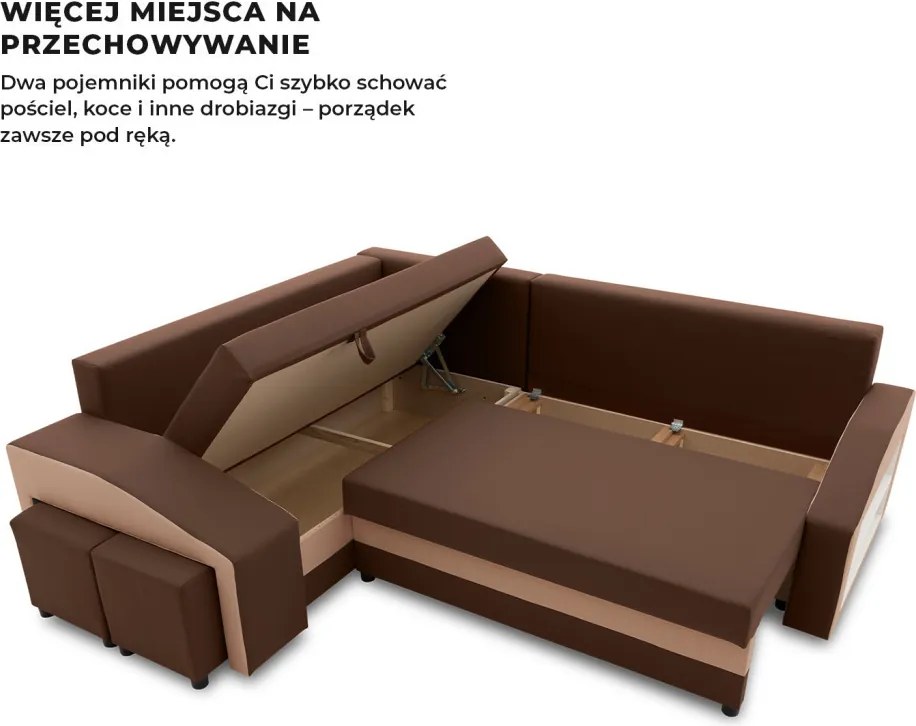 Grande sarokkanapé polcokkal és puffokkal , polc a jobb karfaban puffok a bal karfaban, baloldali, szövet anyag, hab töltet, barna