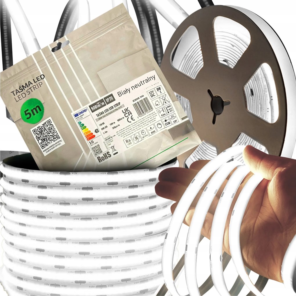 Cob Led szalag 5m Neon Homogén 320 dióda fehér Semleges 12V 10W/m 4000K