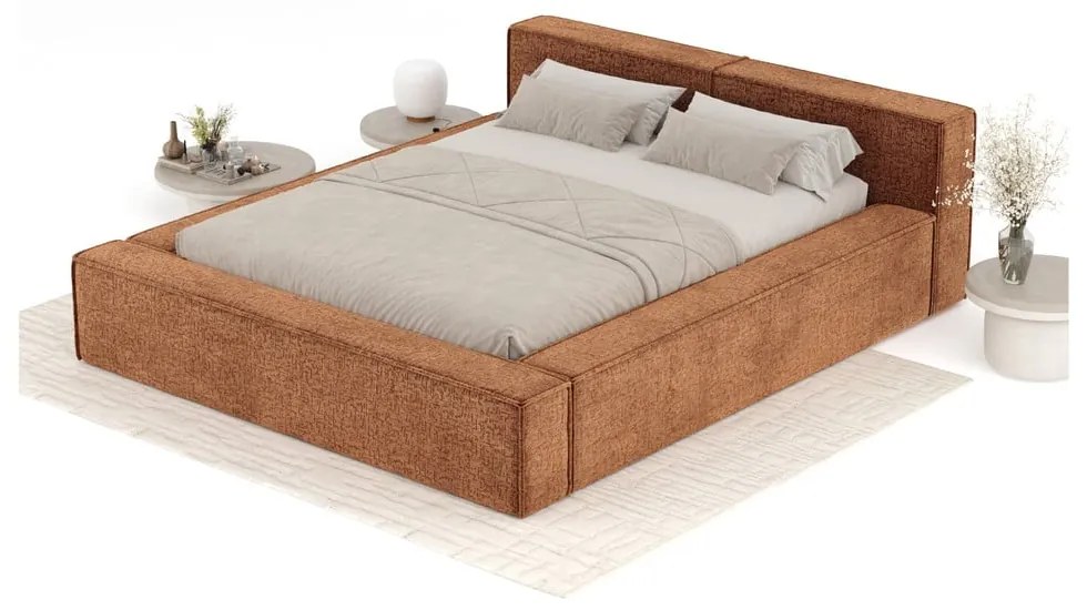 Narancssárga kárpitozott ágyneműtartós franciaágy ágyráccsal 200x200 cm Voliera – Maison de Rêve