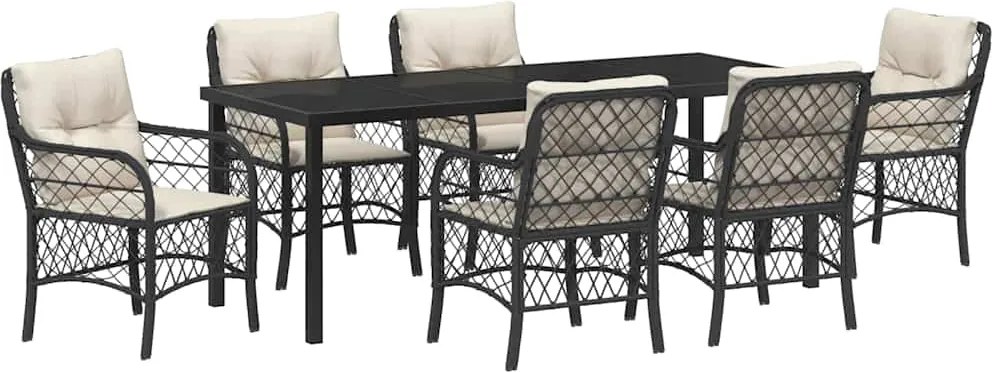 vidaXL Kert étkező szett párnával 7 pcs Fekete polirattan