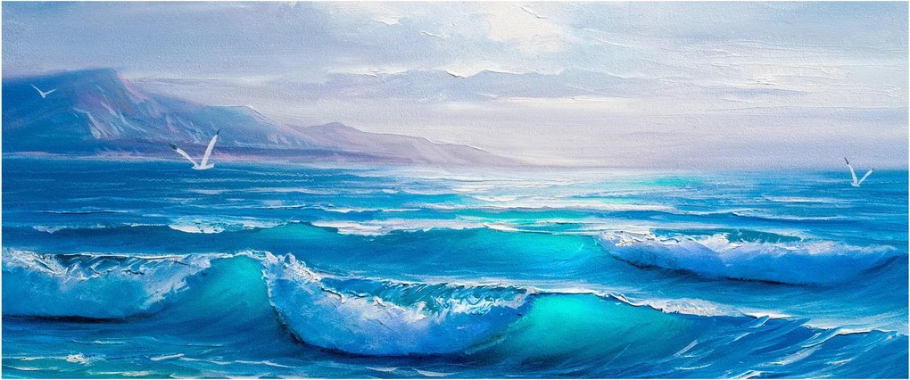 Kép - Olajfestmény a tengerről sirályokkal (120x50 cm)