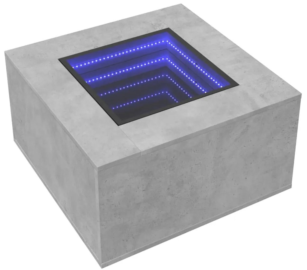 Betonszürke szerelt fa dohányzóasztal LED-del 60 x 60 x 40 cm