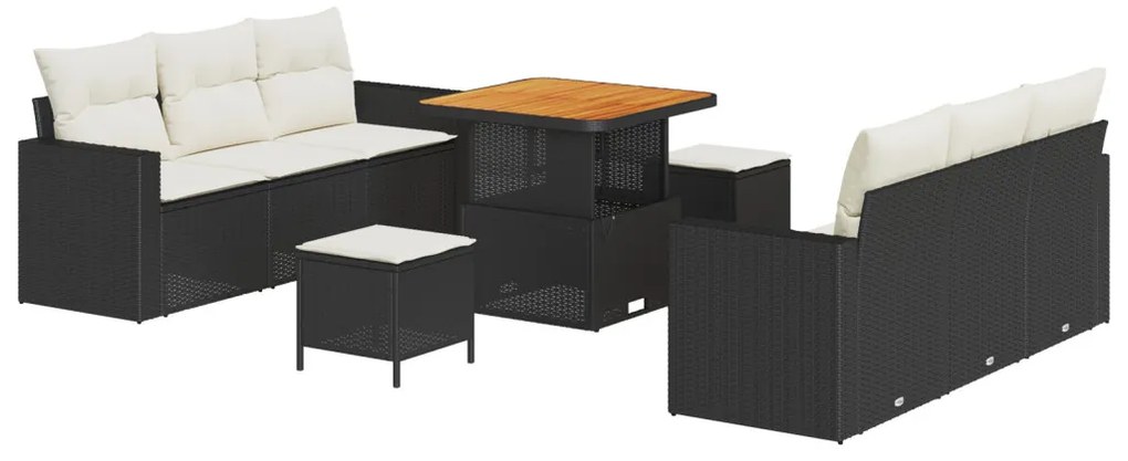 9 darabos kert sofa készlet párnákkal fekete poly rattan akácia, 3 darabos kert étkező készlet párnákkal fekete poly rattan akácia