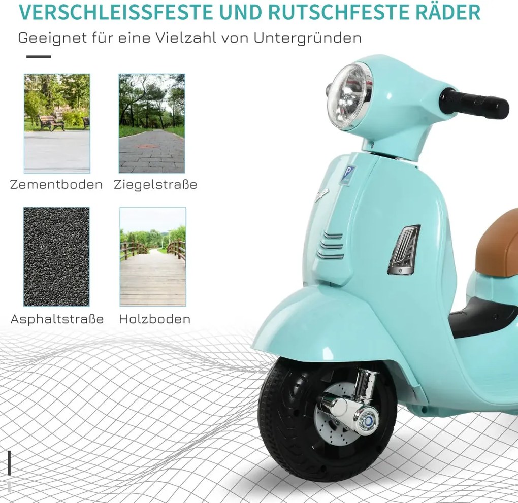 HOMCOM Elektromos gyerekmotor vespa, LED fénnyel, hanggal, 18-36 hónapos korú, türkiz